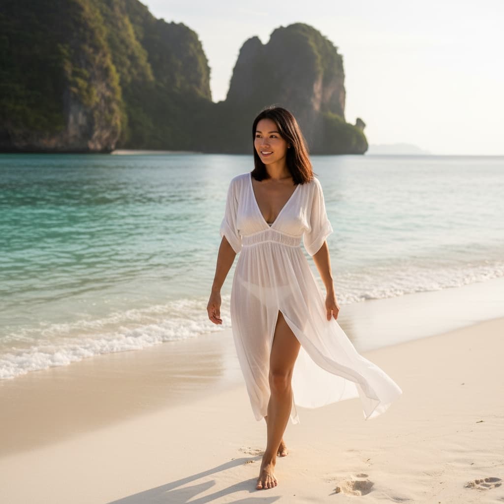 athletic asian woman walking white sand beach 89782491