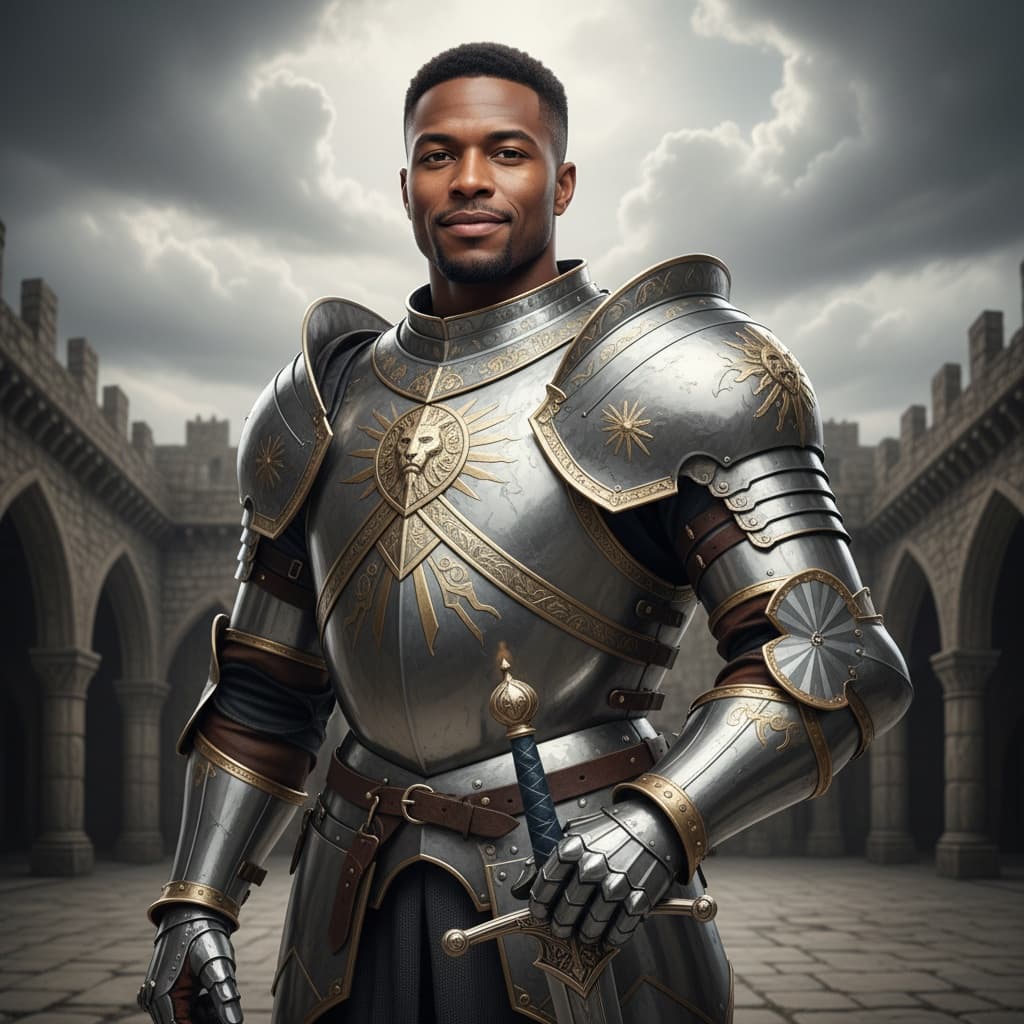 athletic black man armored knight portrait 54793544