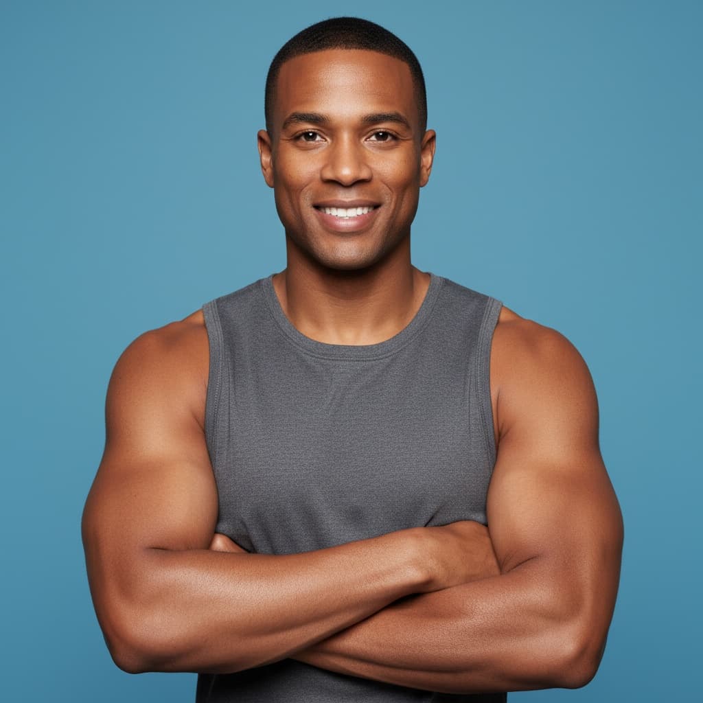 athletic black man arms crossed confident stance 75464265