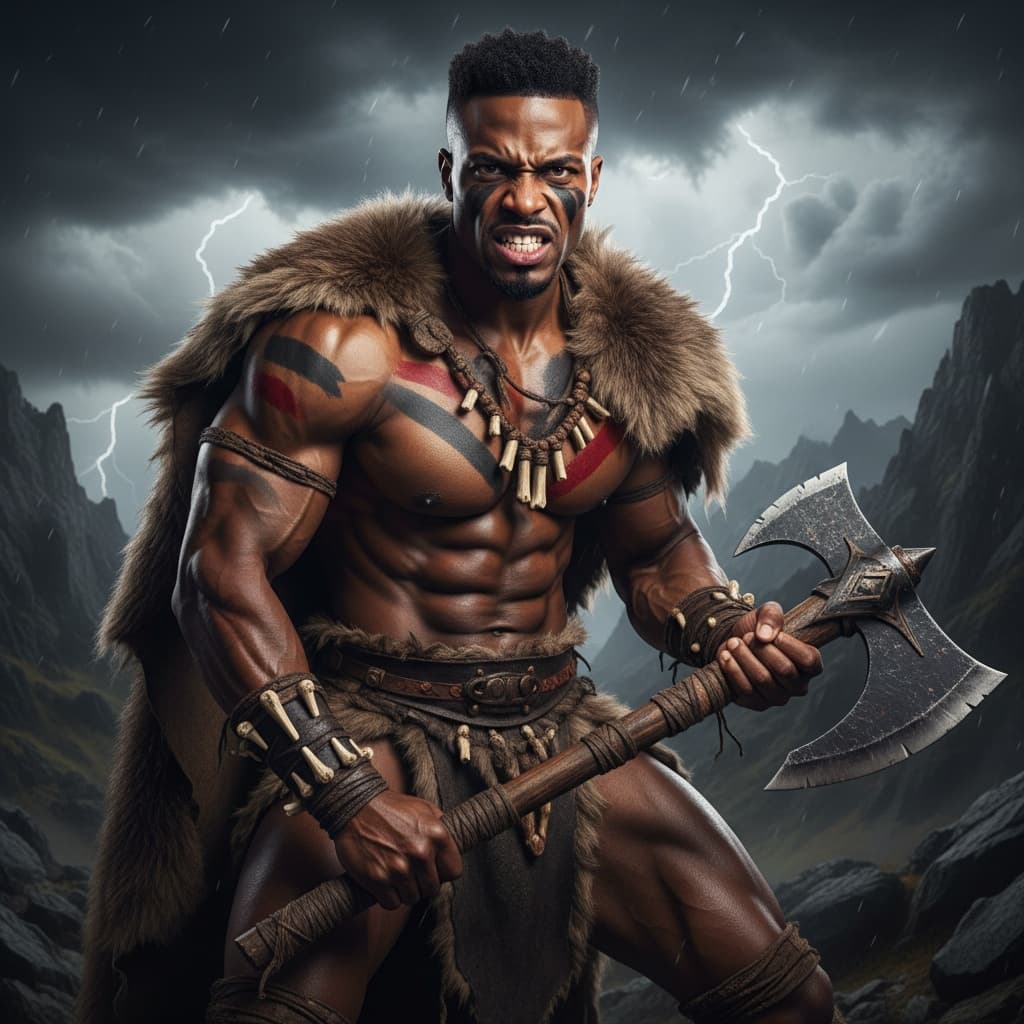 athletic black man barbarian wilderness fierce 56018087