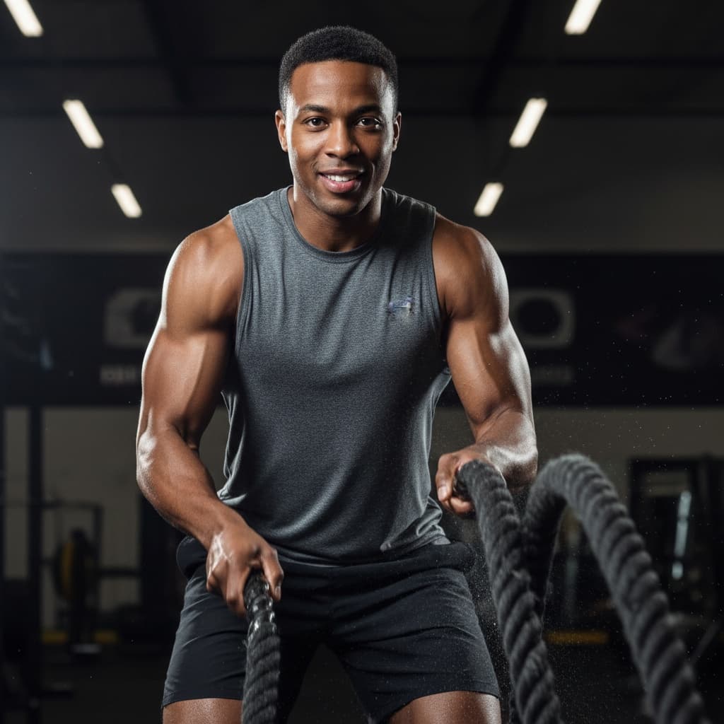 athletic black man battle ropes intensity 19408772