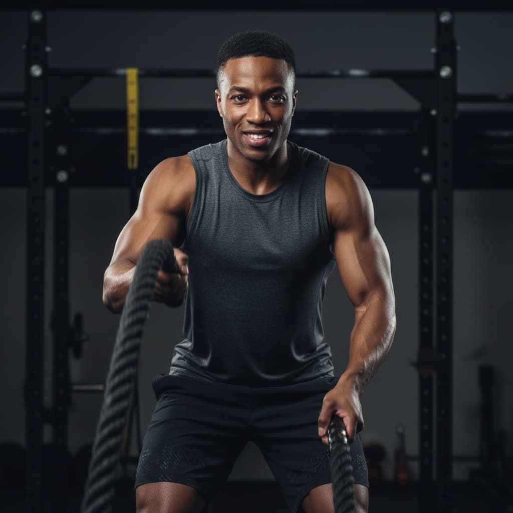 athletic black man battle ropes intensity 71659293