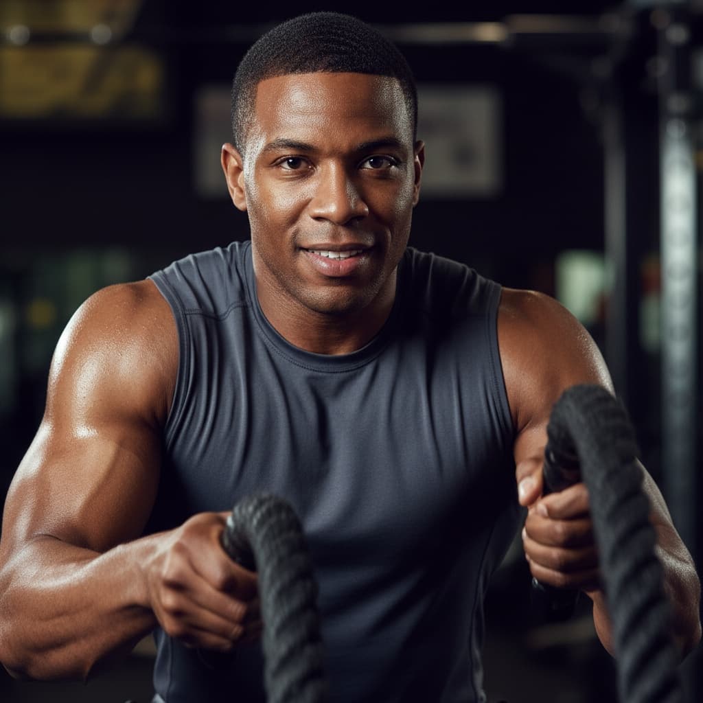 athletic black man battle ropes intensity closeup 46127777