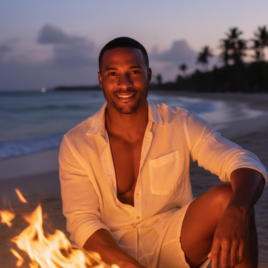 athletic black man beach bonfire evening 73808321