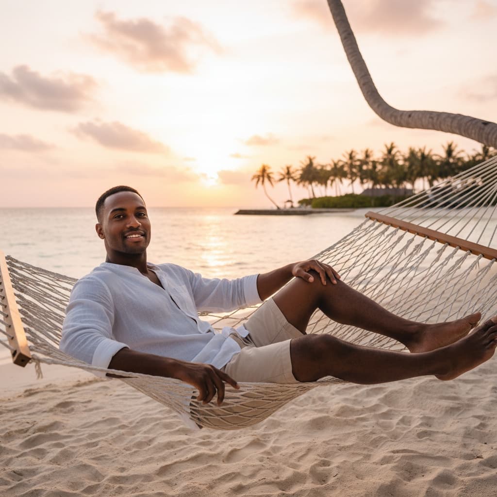 athletic black man beach hammock sunset 46701687