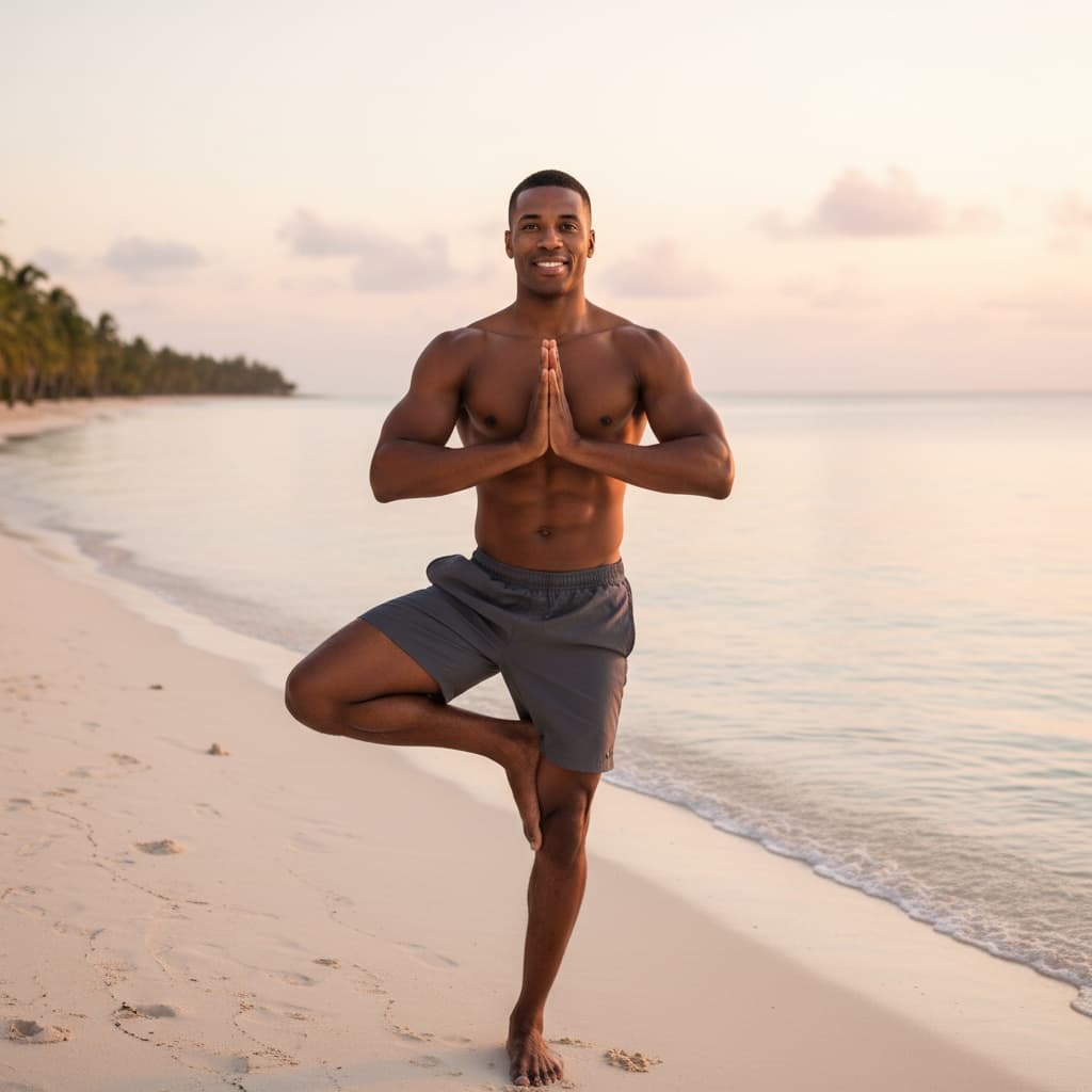 athletic black man beach yoga sunrise 35763108