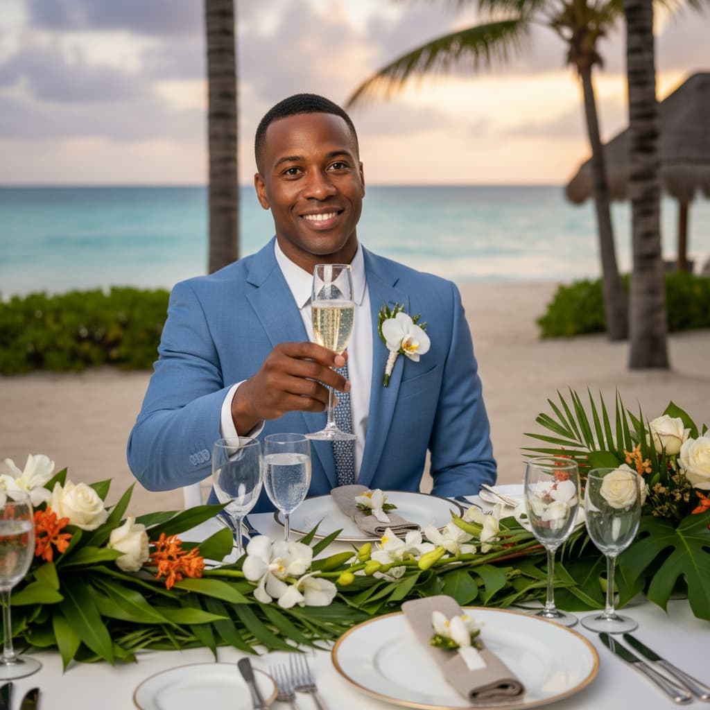 athletic black man beachfront champagne celebration 29510955