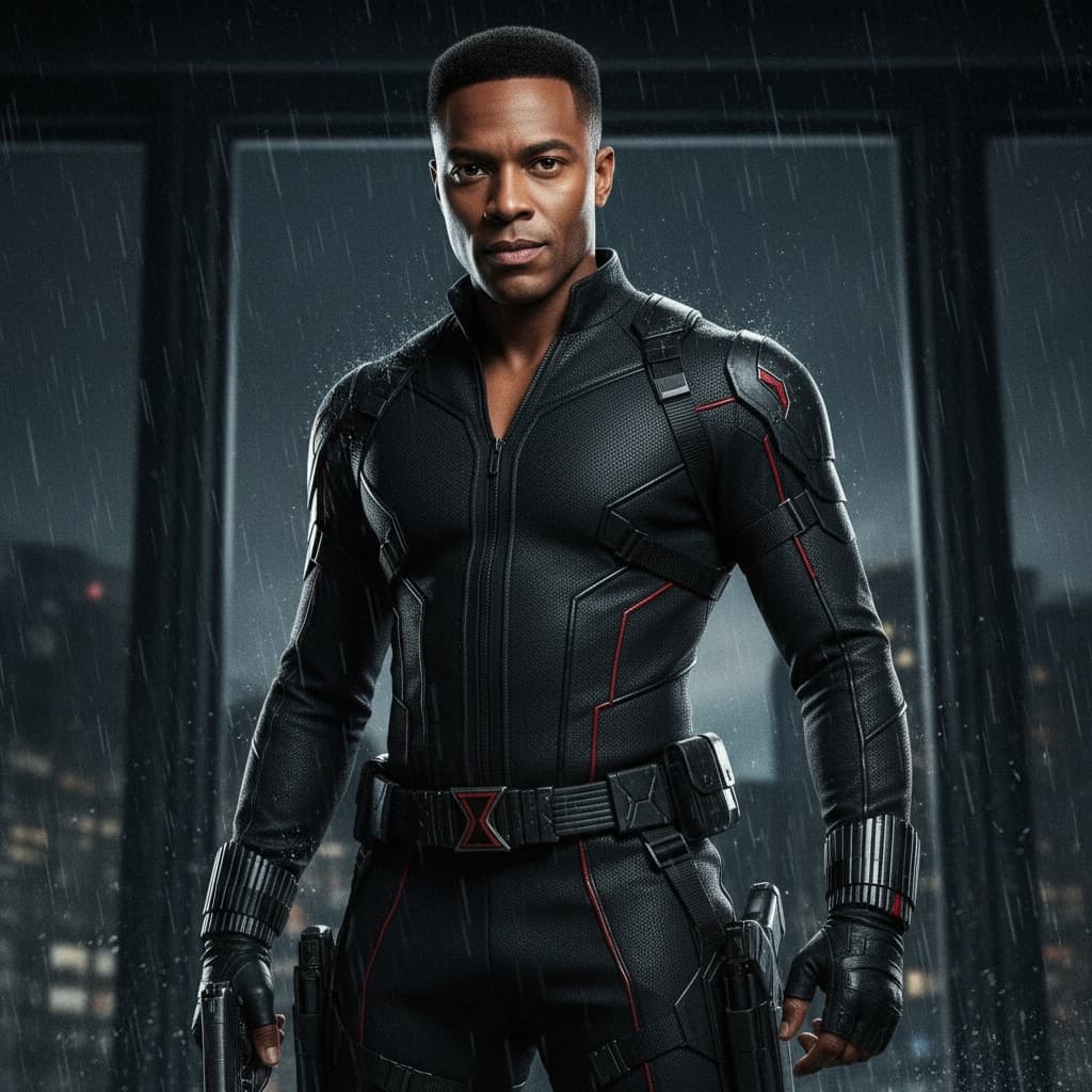 athletic black man black widow tactical pose 99637512