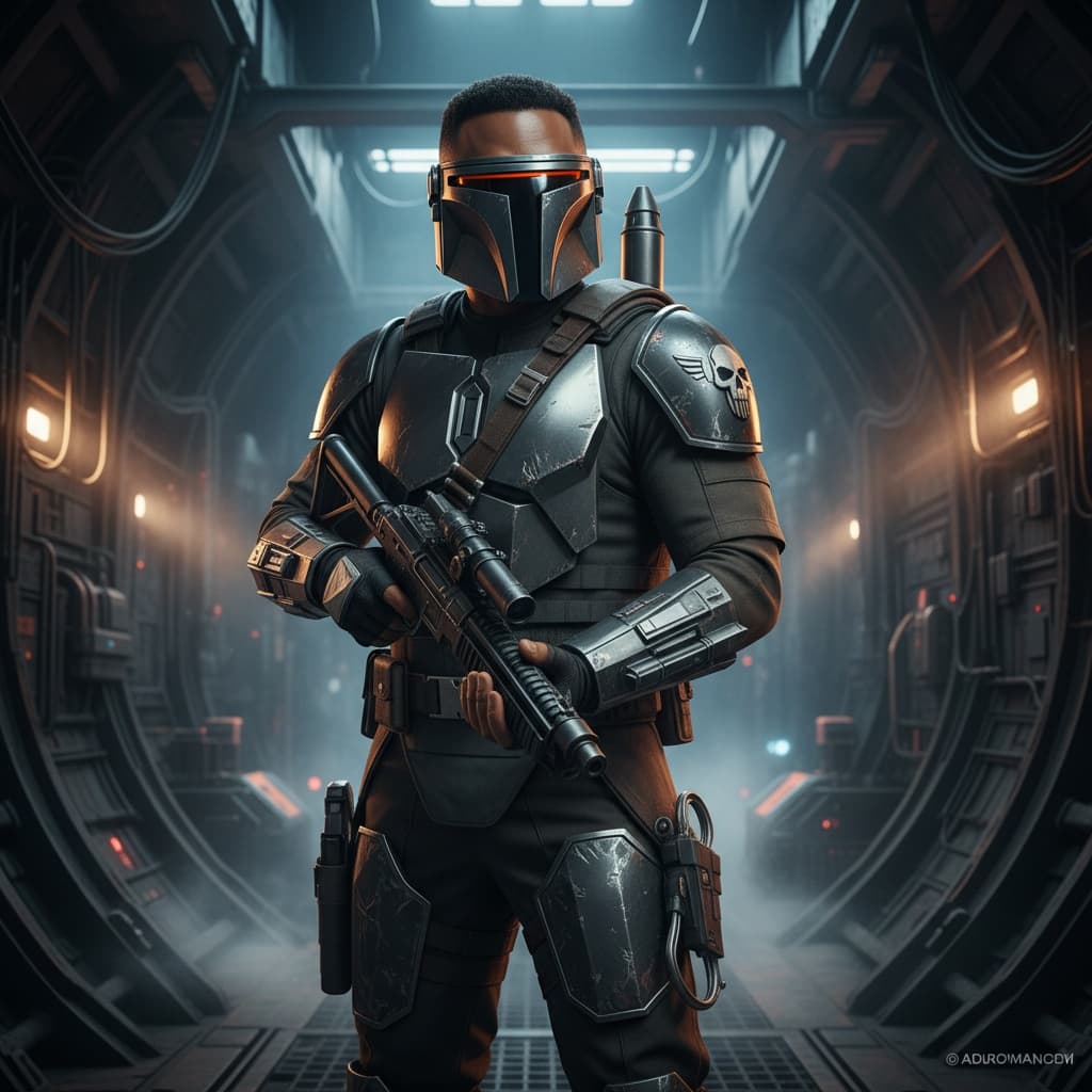 athletic black man bounty hunter armor 99430136