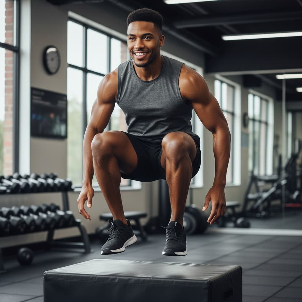 athletic black man box jump mid air 58895000