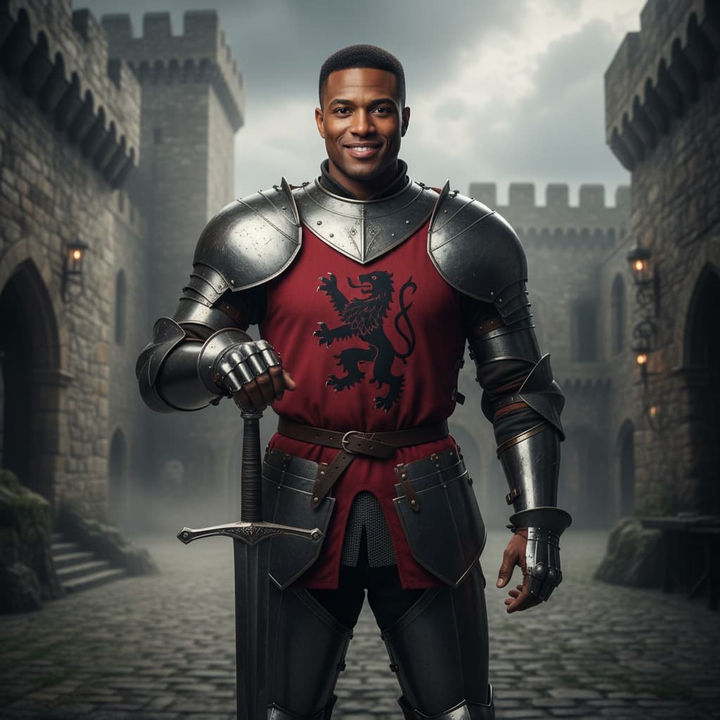 athletic black man castle courtyard full armor 38175870