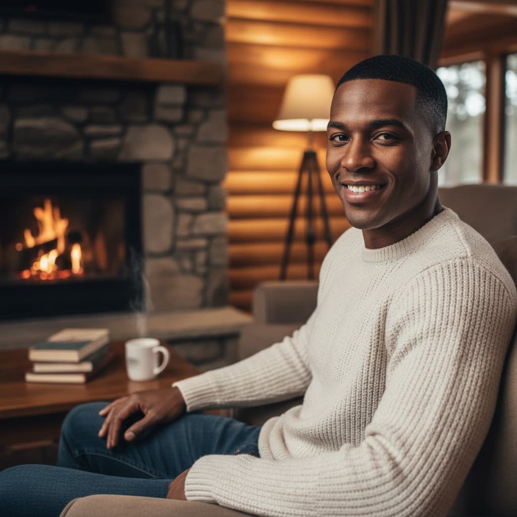 athletic black man cozy cabin interior 97335680