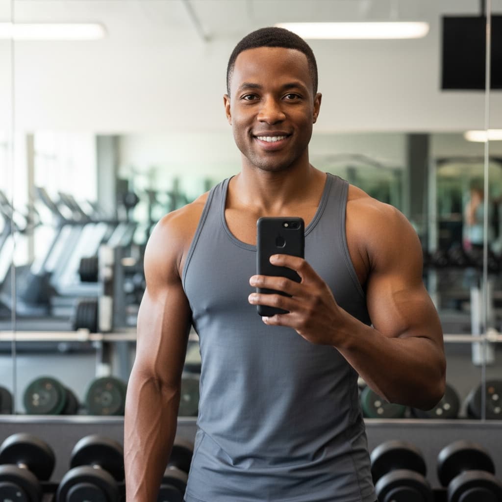 athletic black man gym mirror selfie style 39811159