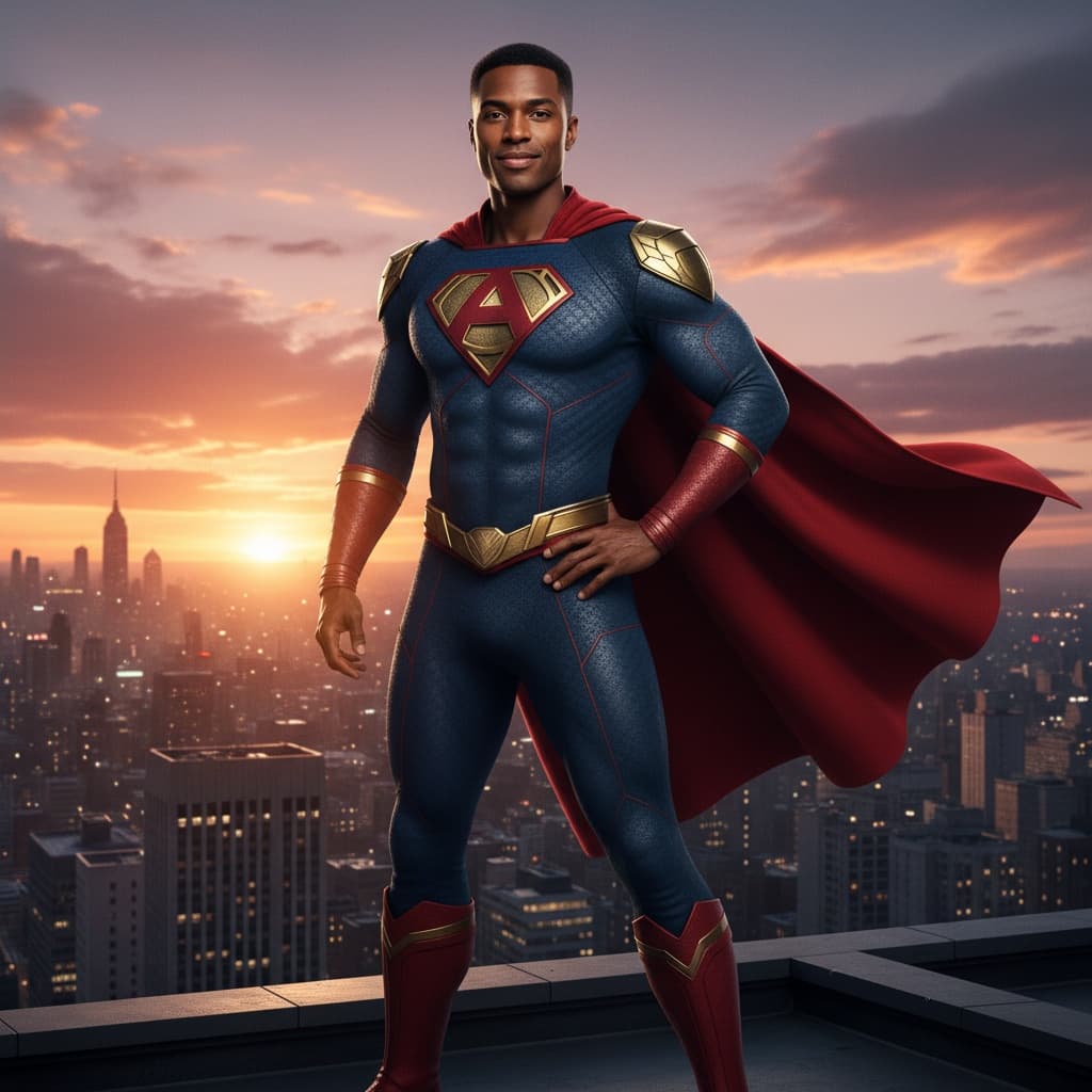 athletic black man heroic city rooftop pose 48626999