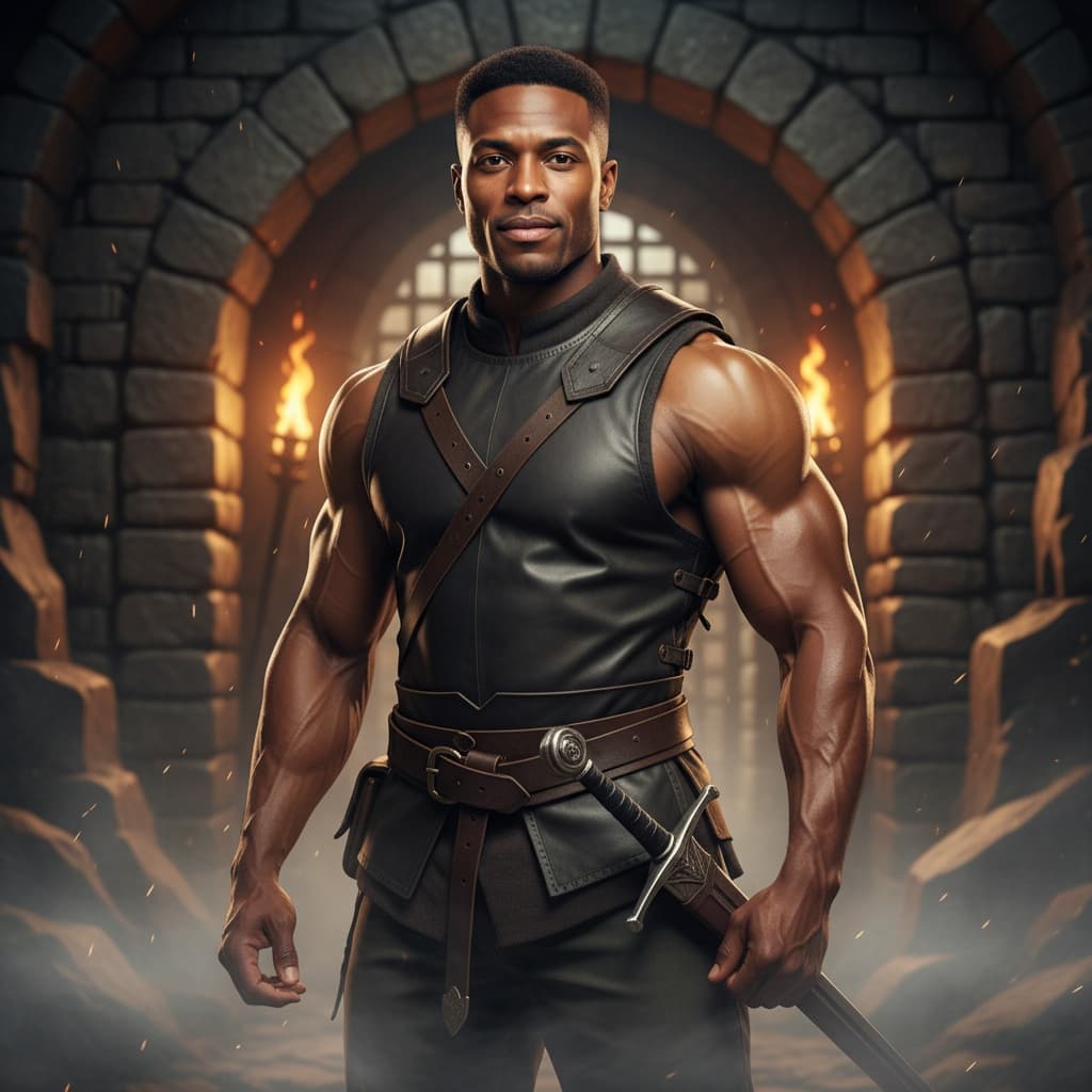 athletic black man heroic dungeon entrance 99043797