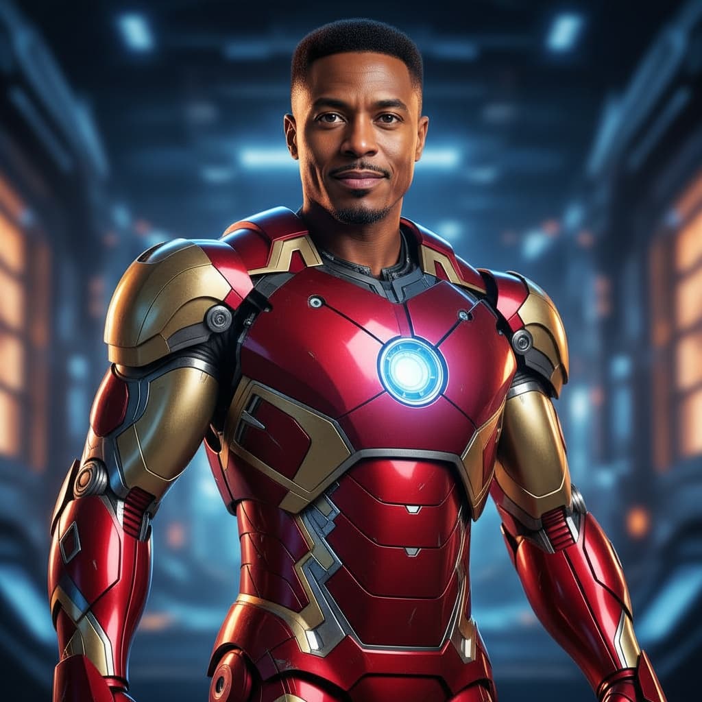 athletic black man iron man suit heroic pose 76636509