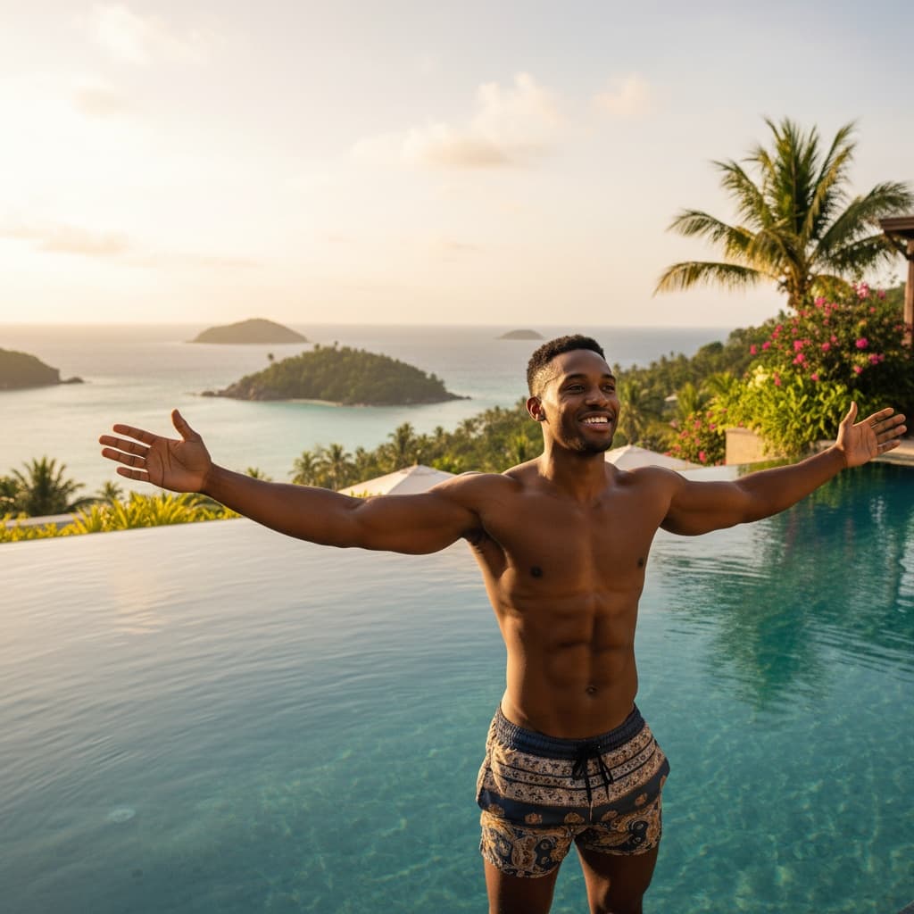 athletic black man jungle villa infinity pool 98524478