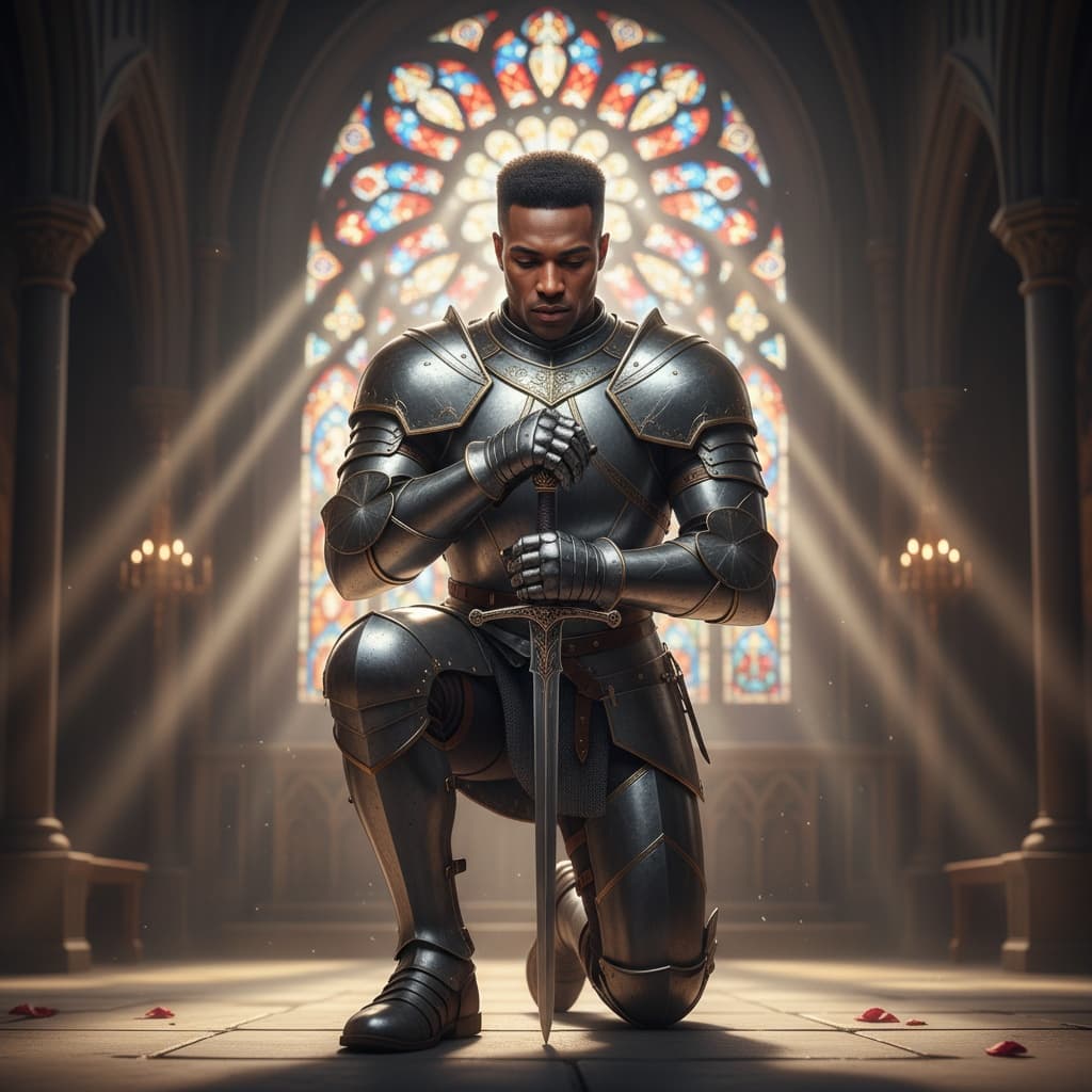 athletic black man kneeling sword ceremony 18679571