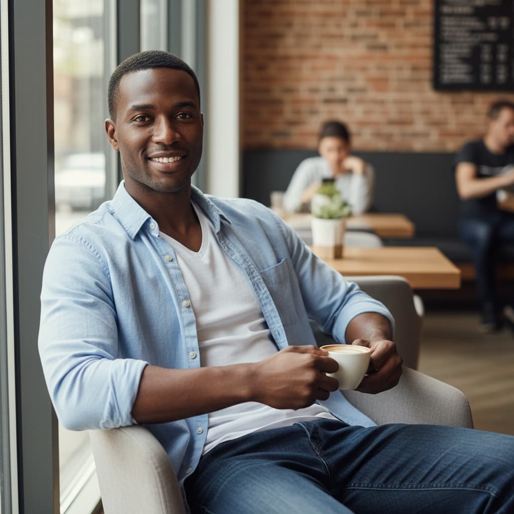 athletic black man lifestyle coffee shop casual 62548112