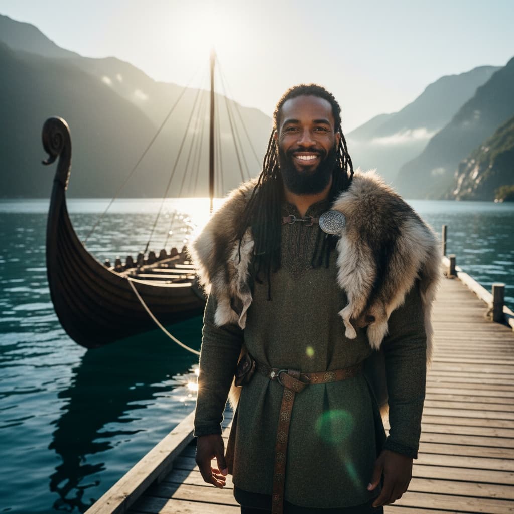 athletic black man longship dock sunset 58482110
