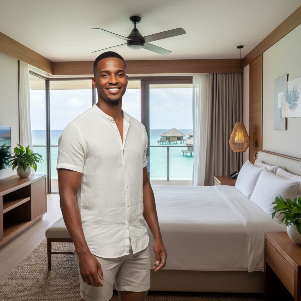 athletic black man luxury bedroom ocean view 18481950