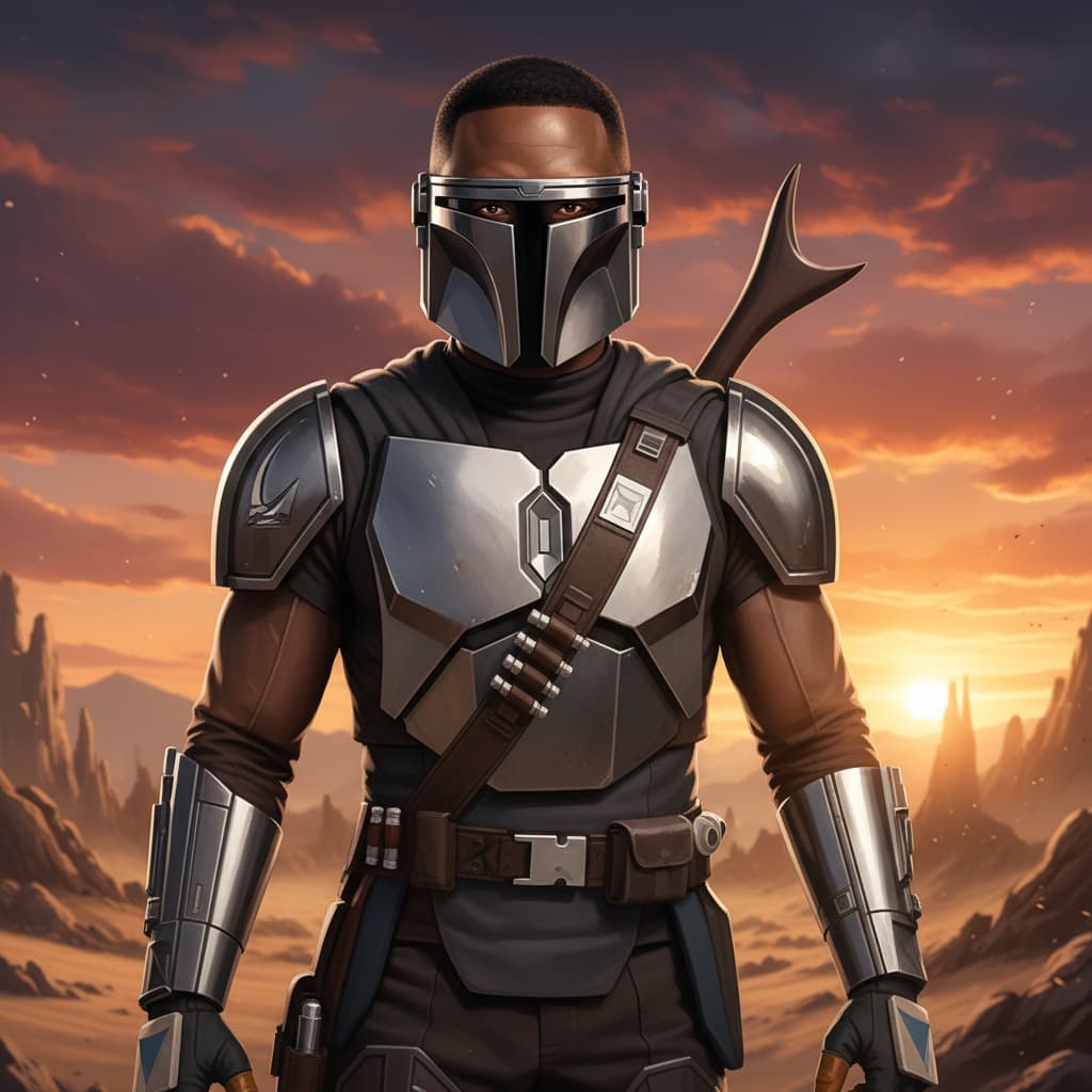 athletic black man mandalorian warrior stance 60326893