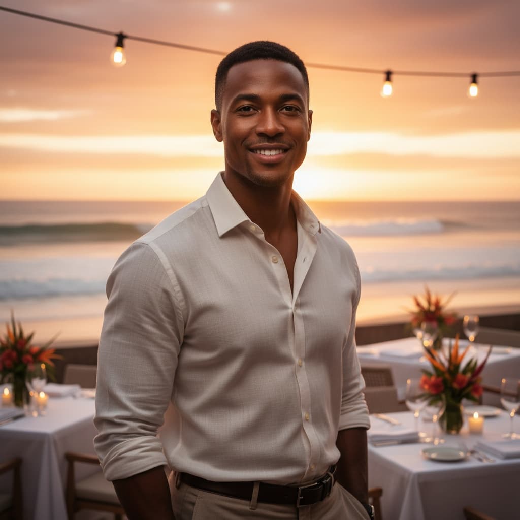 athletic black man oceanfront dining sunset 16647681