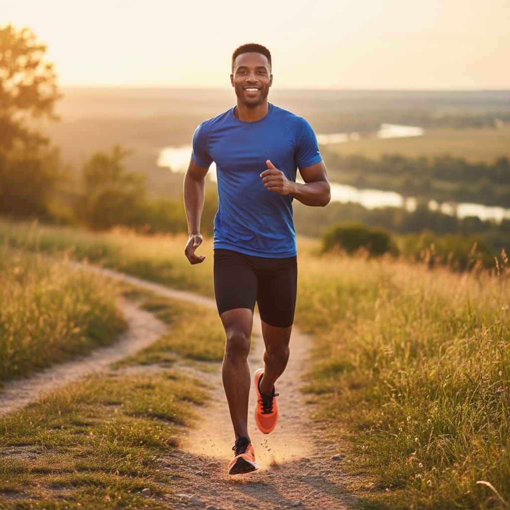 athletic black man outdoor running golden hour 79205927
