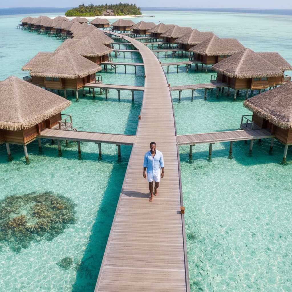 athletic black man overwater bungalow aerial view 13176003
