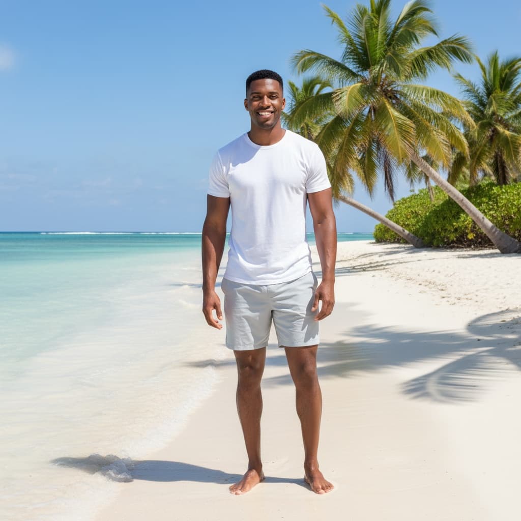 athletic black man pristine white sand beach 29405721