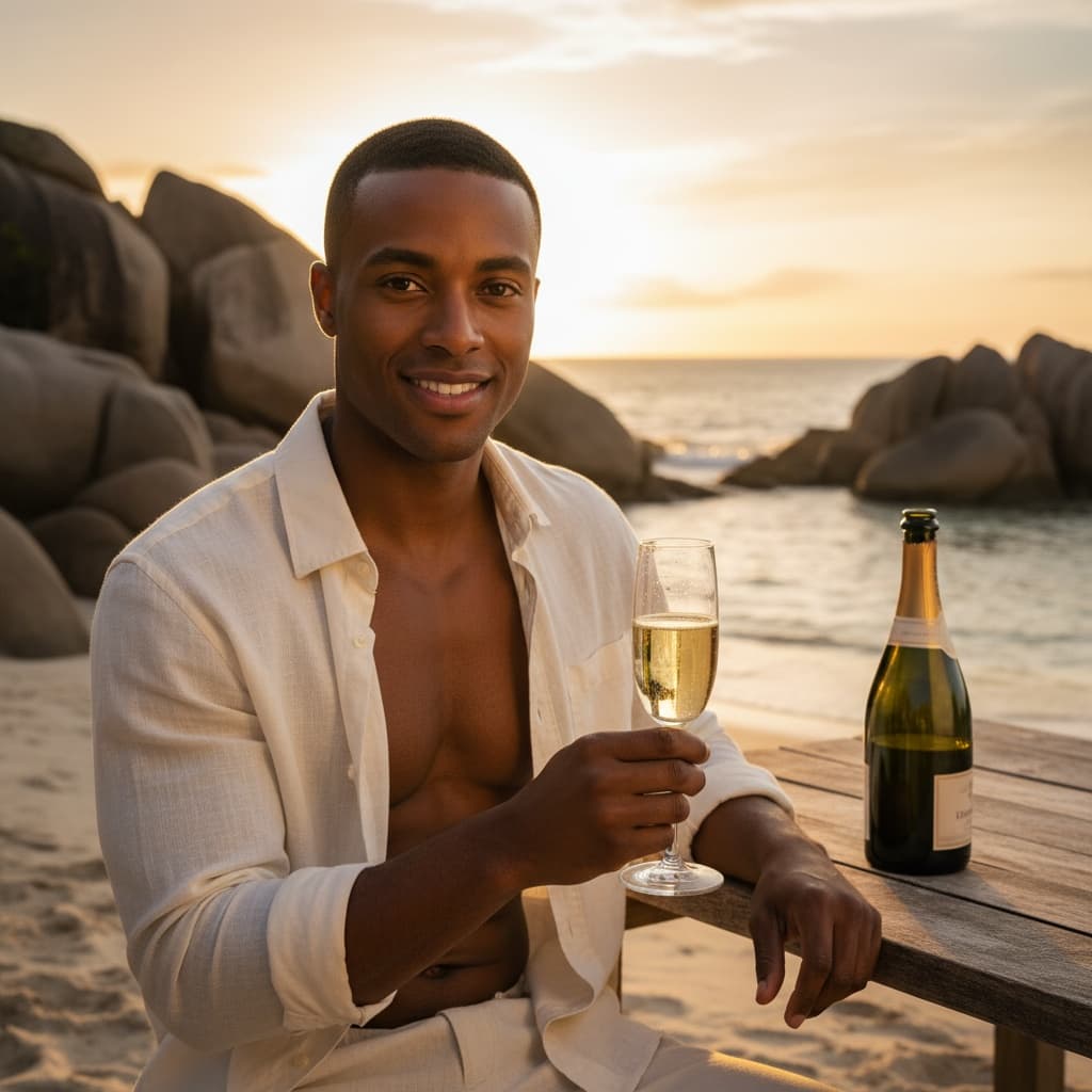 athletic black man private beach champagne sunset 12162412