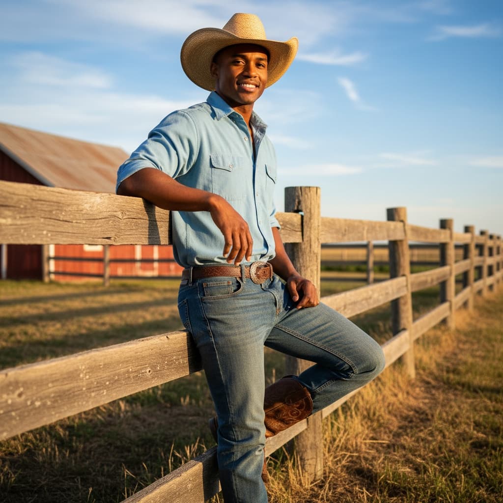 athletic black man ranch fence leaning 25118358