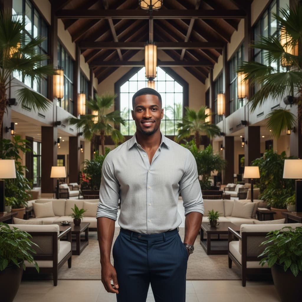 athletic black man resort lobby tropical luxury 91252556