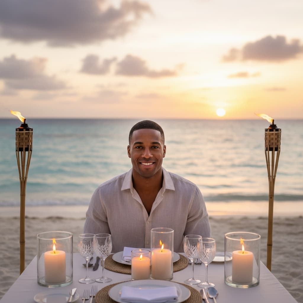 athletic black man romantic beach dinner setup 27189063