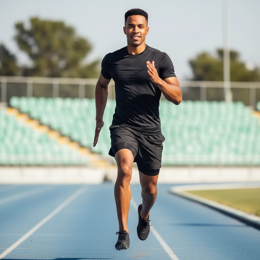 athletic black man running track outdoor action 58465266