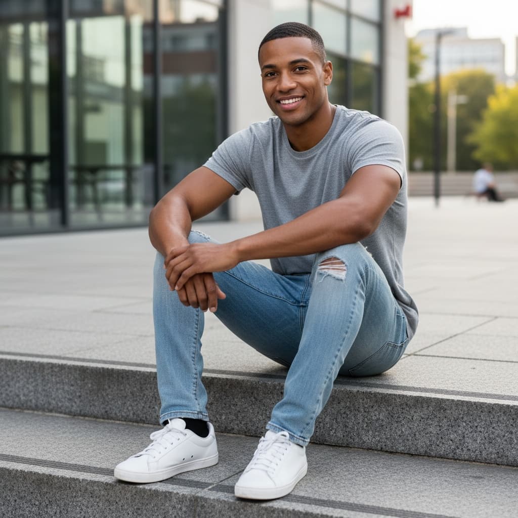 athletic black man sitting relaxed lifestyle pose 76832008
