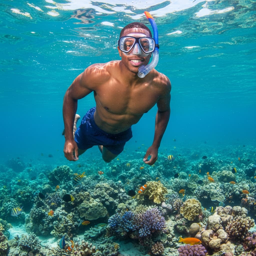 athletic black man snorkeling adventure underwater 93853644