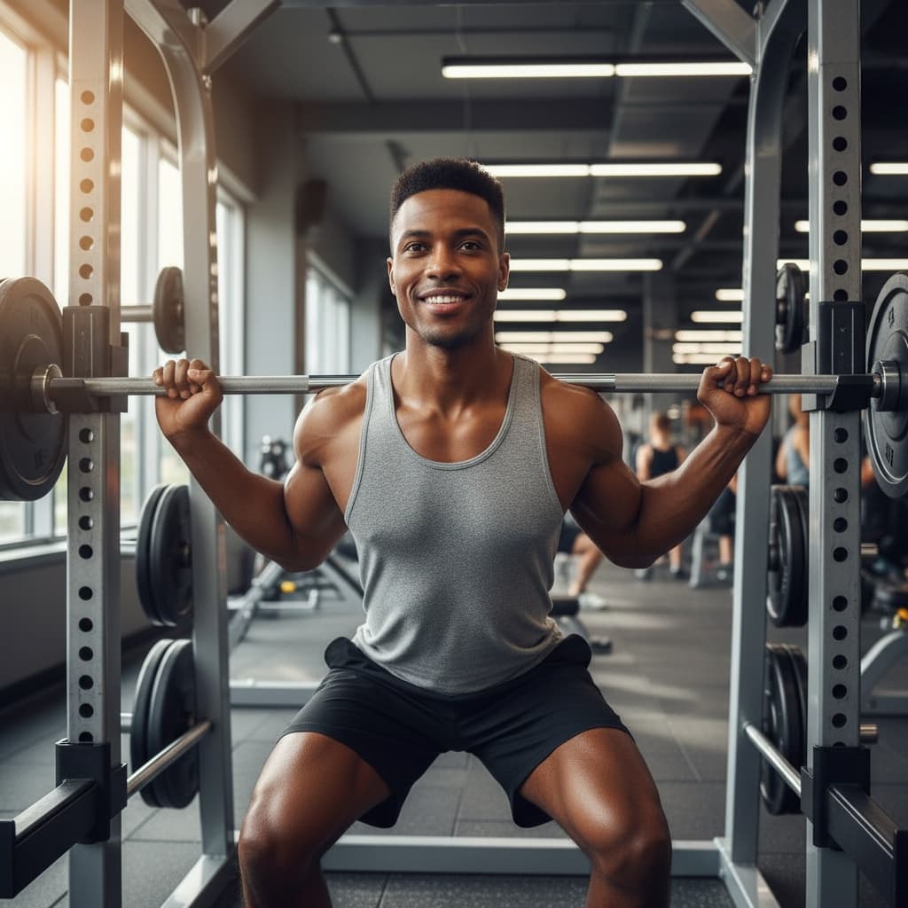 athletic black man squat rack workout action 58059652