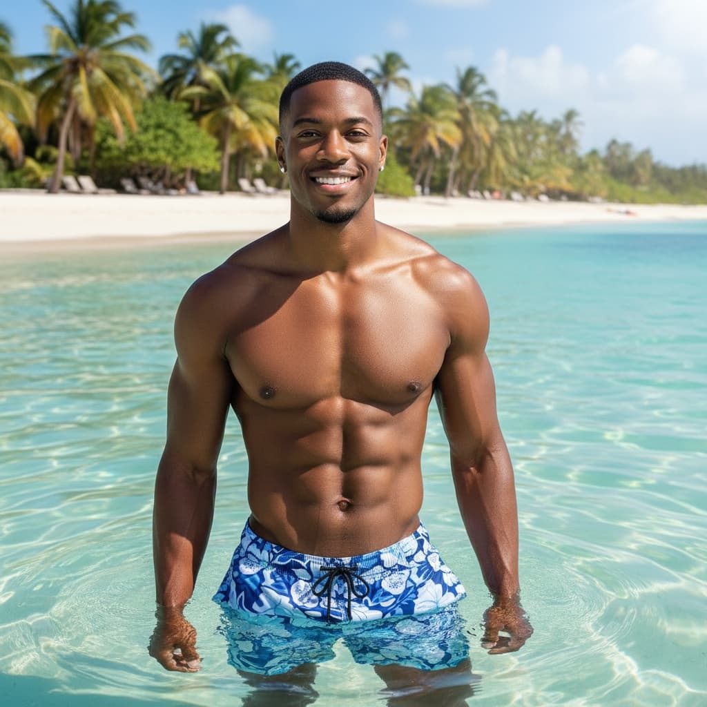 athletic black man standing in shallow water 91982265