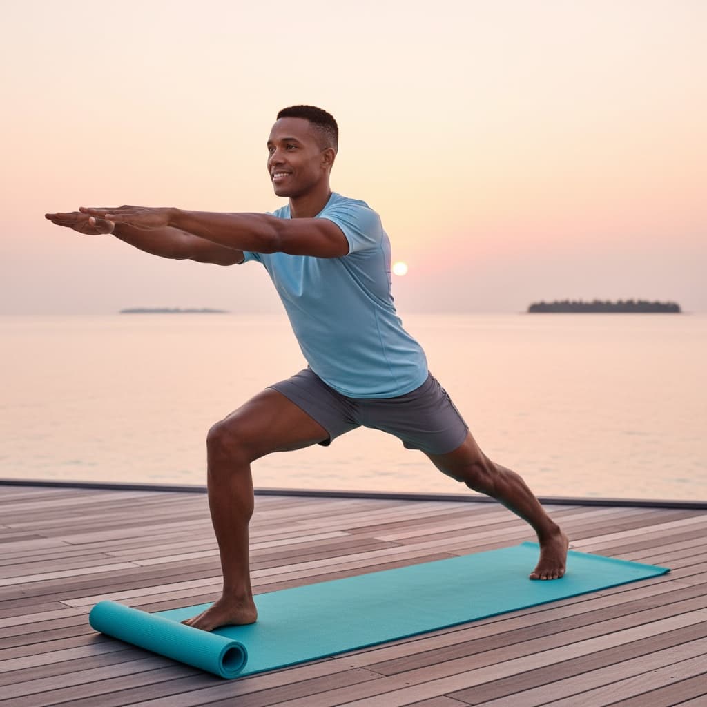 athletic black man sunrise yoga deck 40384902