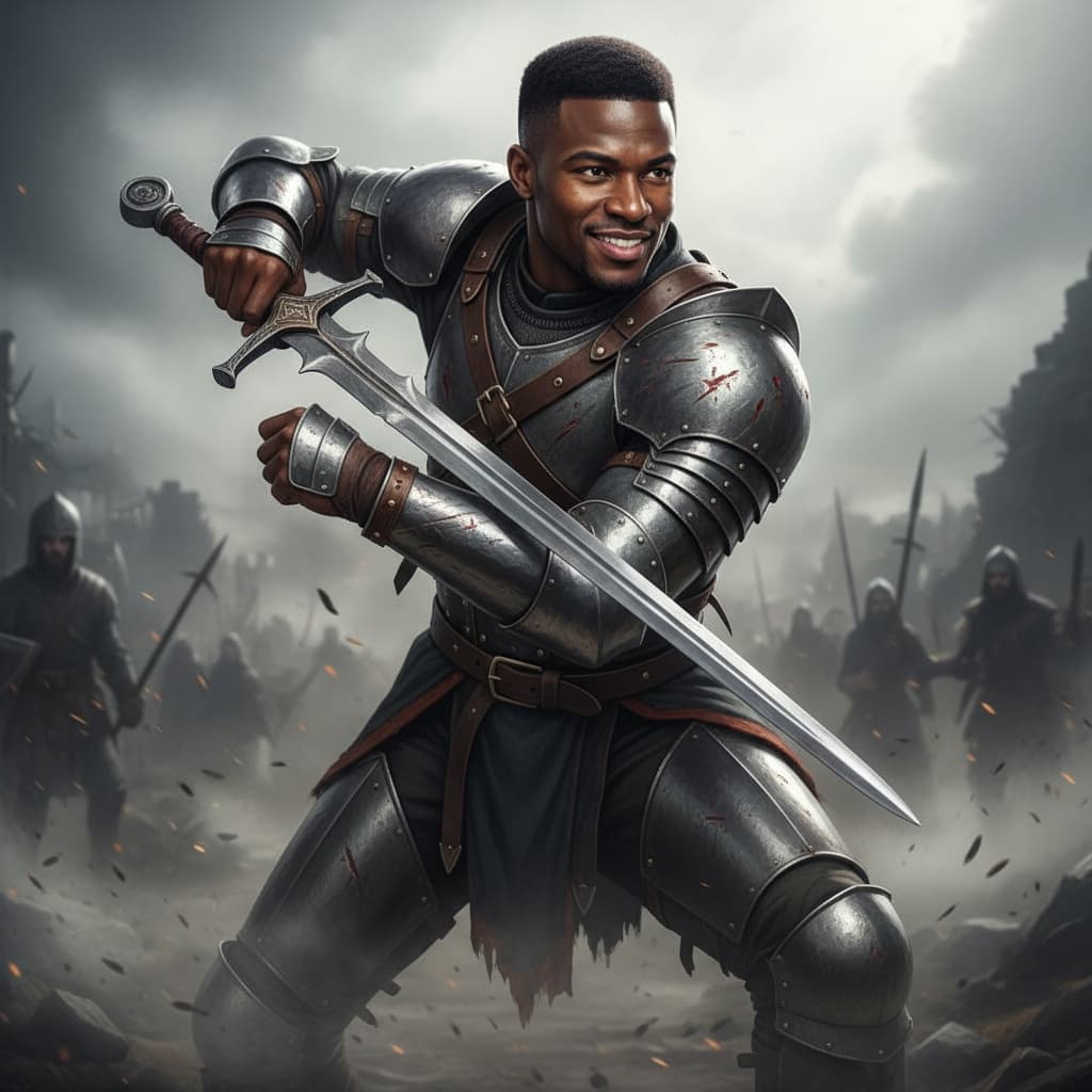 athletic black man sword combat ready pose 37454279