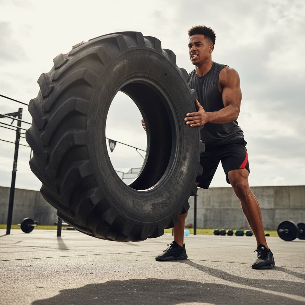 athletic black man tire flip raw power 95968506
