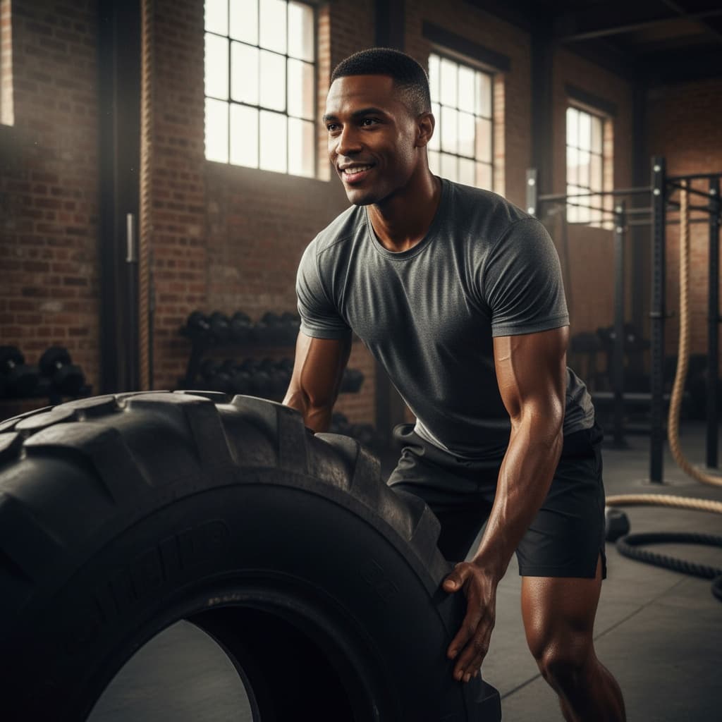 athletic black man tire flip strength 66913355