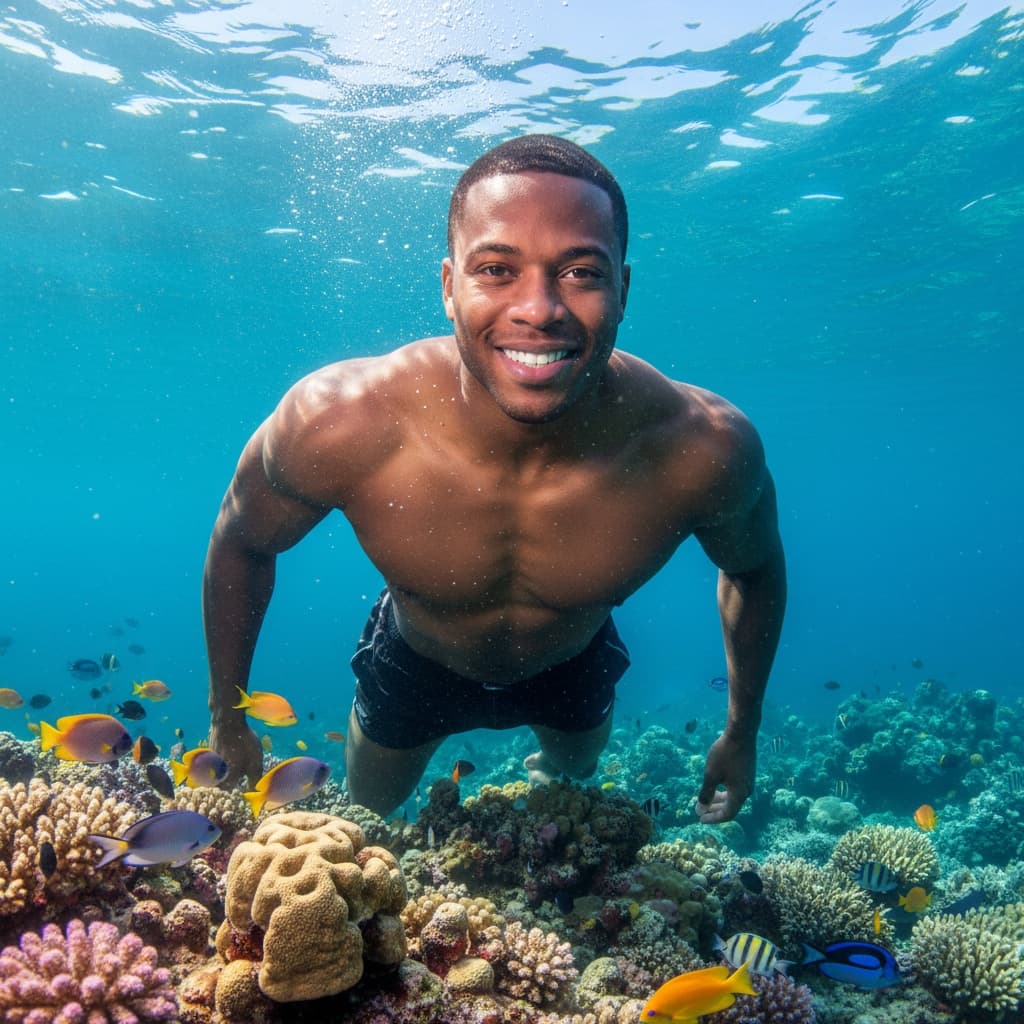 athletic black man underwater coral snorkeling view 91179825