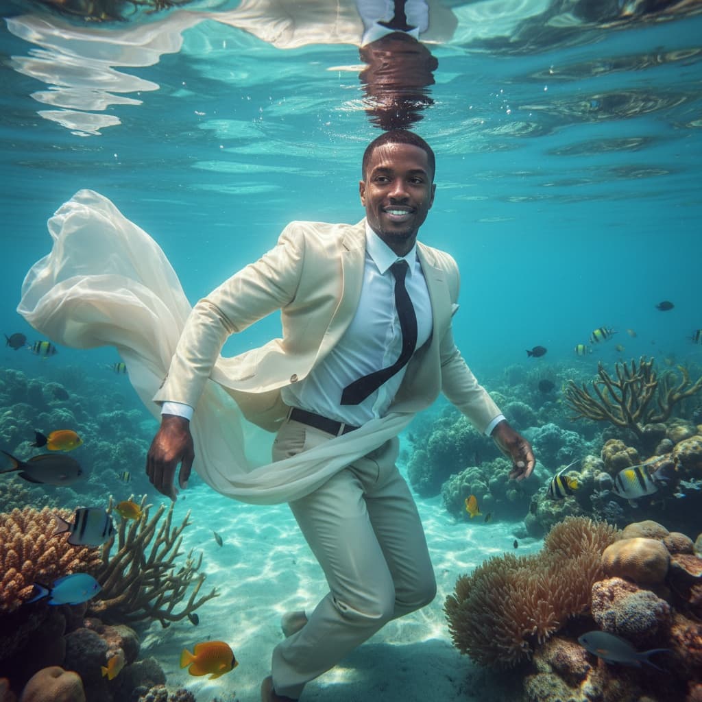 athletic black man underwater tropical wedding shot 27454247