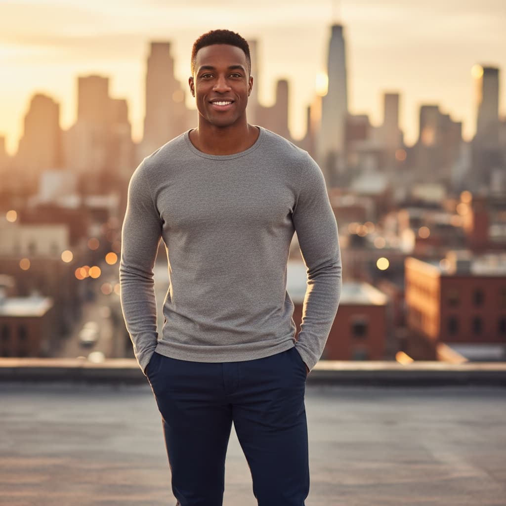 athletic black man urban rooftop sunset 35678177