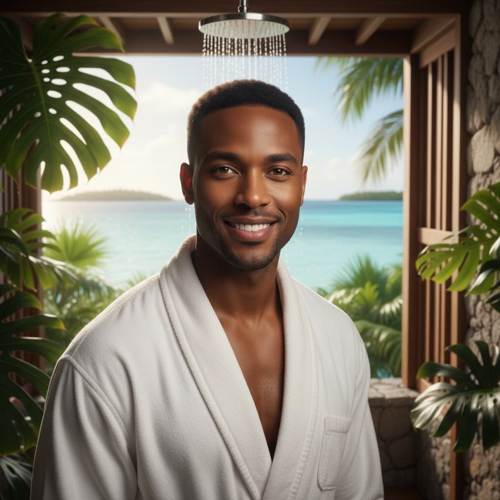 athletic black man villa outdoor shower 84012503