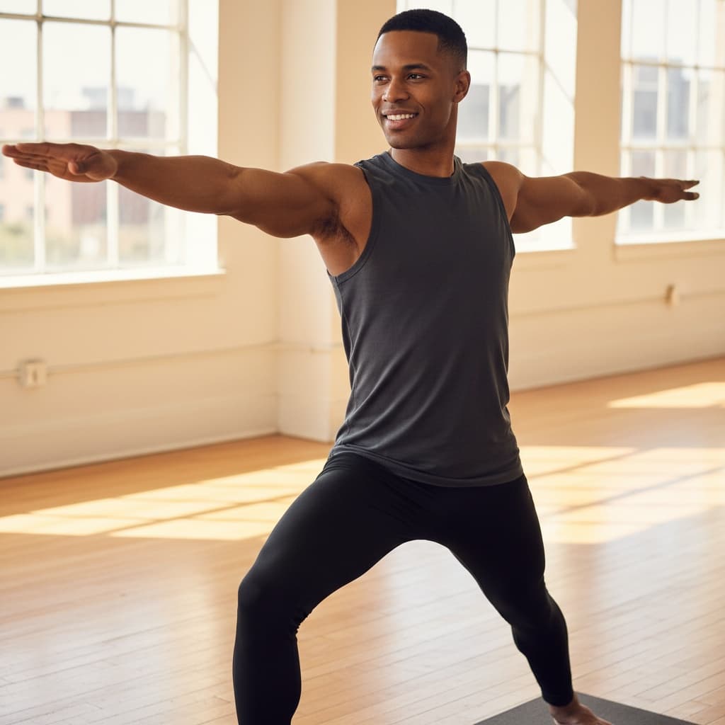 athletic black man warrior pose demonstration 46629403