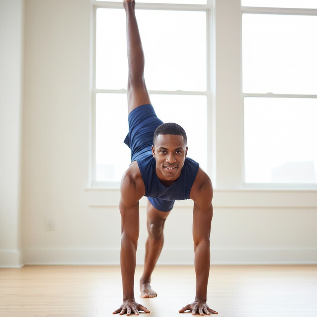 athletic black man yoga pose studio natural light 72687259