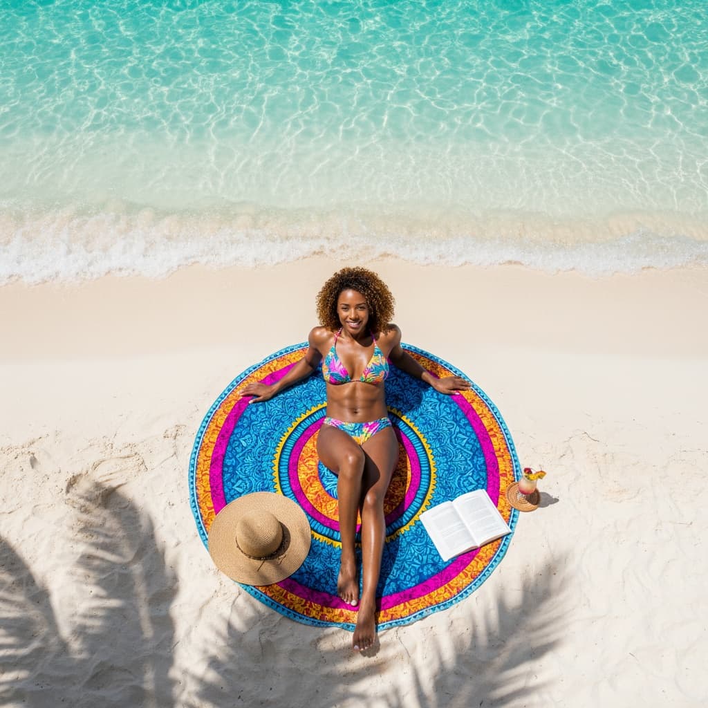 athletic black woman aerial view beach towel 71243396